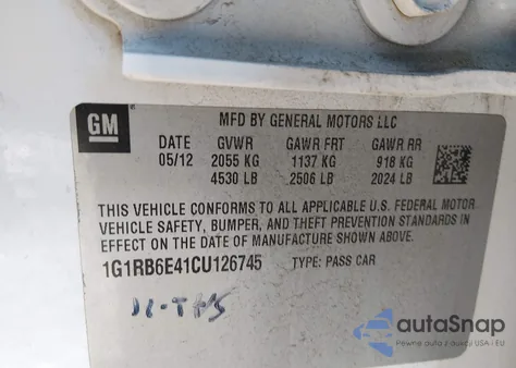 2012 Chevrolet Volt z USA, uszkodzony, nr VIN 1G1RB6E41CU126745